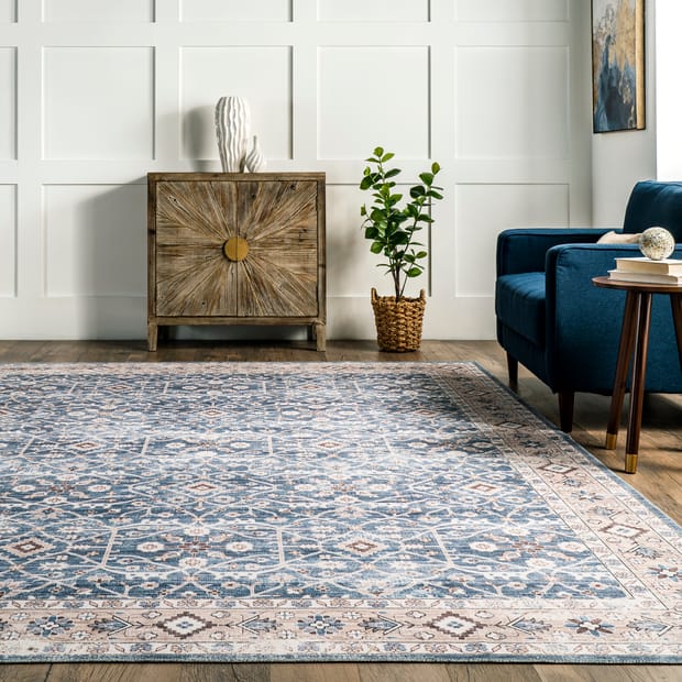 Rain Haven Cassie Vintage Tracery Washable Blue Rug