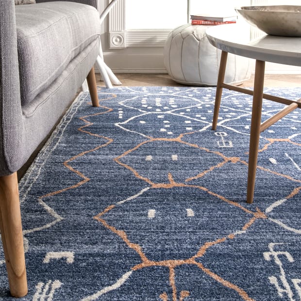 Vinyl Area Rug With Moroccan Tiles Design in Blue and Beige. 