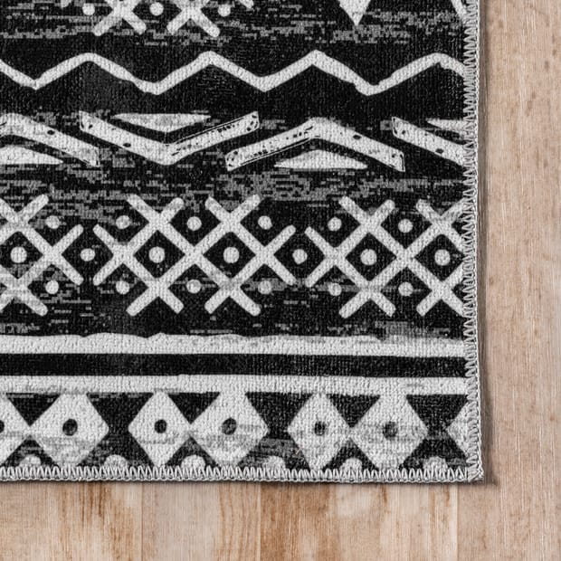 Raia Charcoal and Grey Tribal Distressed Washable Rug