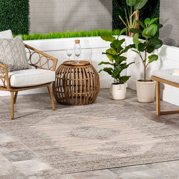 Beige Pergamon Zelly Medallion Washable Indoor/Outdoor rug - Outdoor  Rectangle 9' x 12