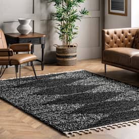 Black Moroccan Diamond Pinstripes Tassel Area Rug