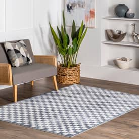 Slate Blue Mitzy Washable Checkered Area Rug