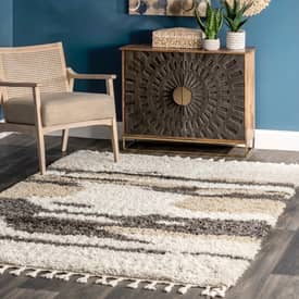 Beige Abstract Cloud Shag with Tassel Area Rug