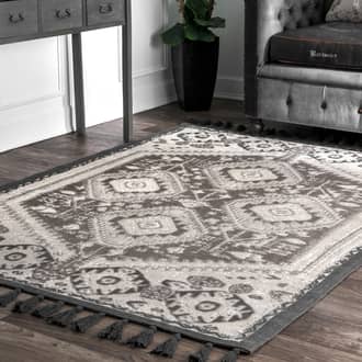 Gray Printed Kilim Cotton Tasseled rug