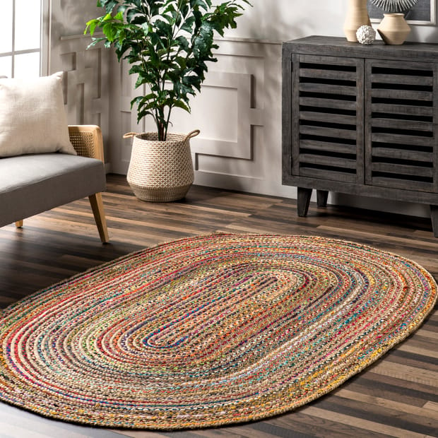 Jute Multi Chindi Oval Braided Rug, Hand Woven Reversible, Suitable for  Kitchen, Living Room, Bedroom, Vintage Area Rug, Colorful Jute Chindi Rug